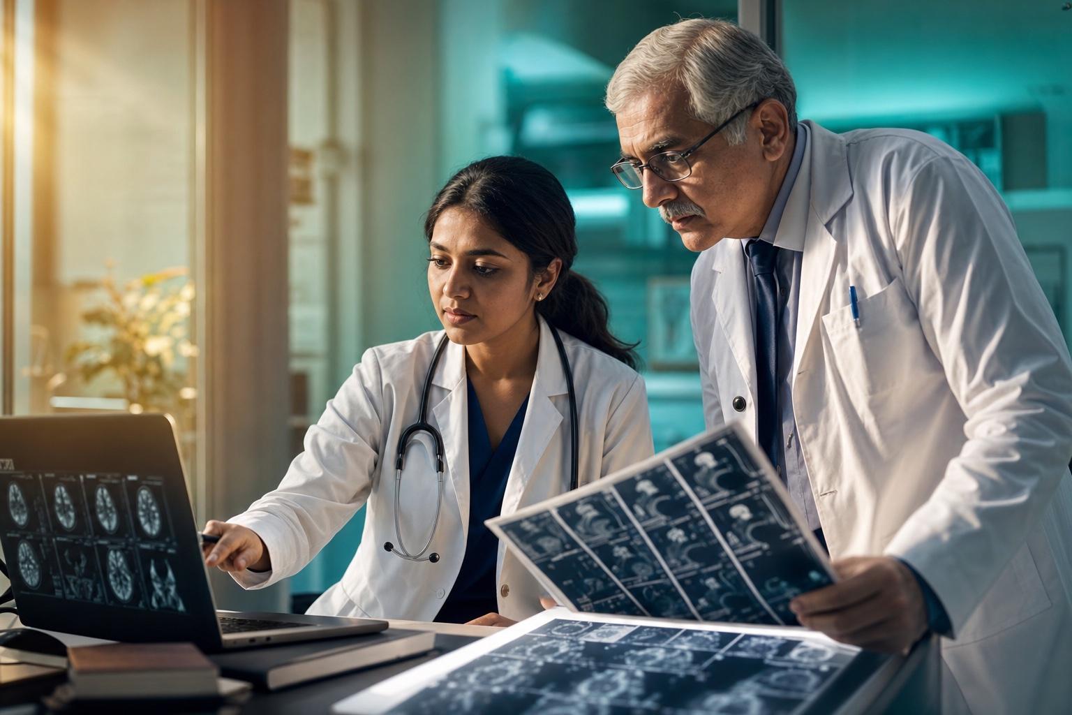 Two doctors collaborating over medical scans at a clinic workstation.
