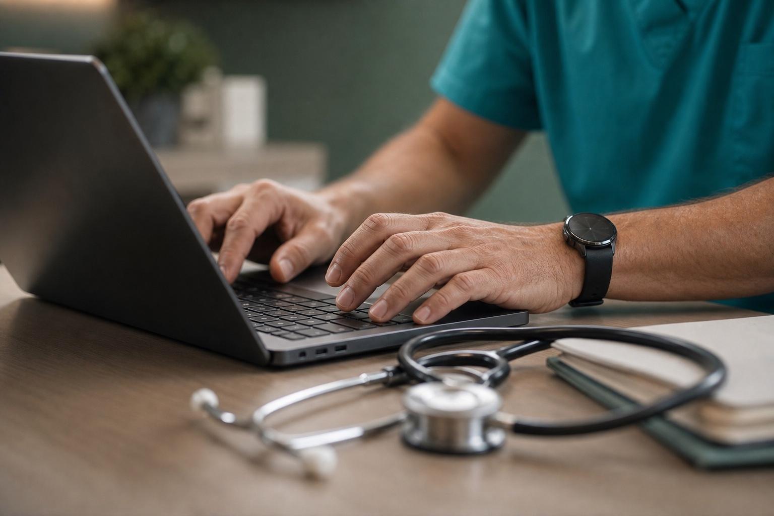 Clinician's hands typing on a laptop beside a stethoscope and patient charts.