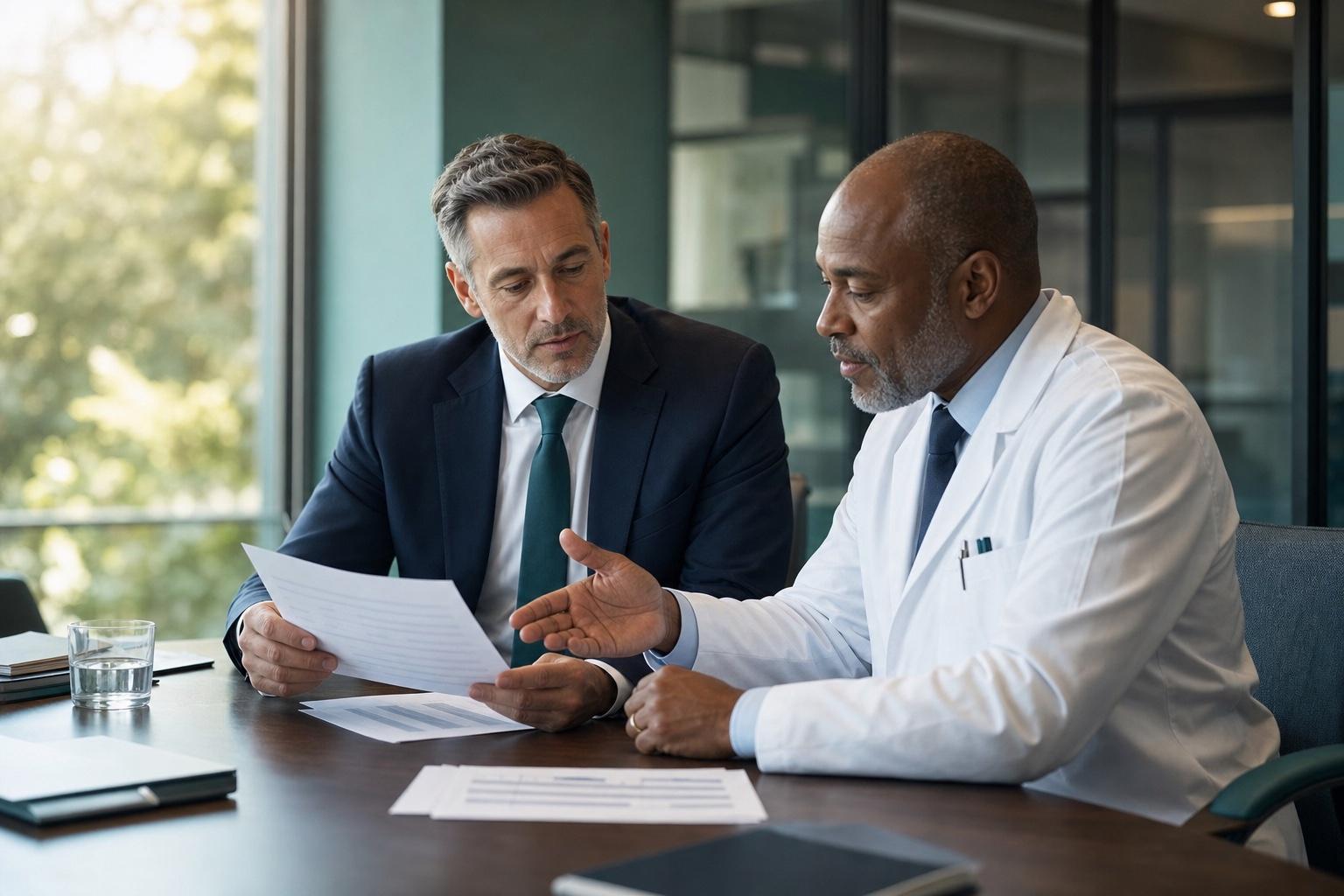 Hospital administrator and doctor reviewing policy documents together.