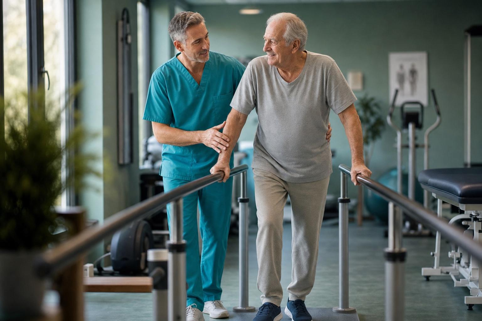 Nurse steadying an elderly patient walking between parallel bars.