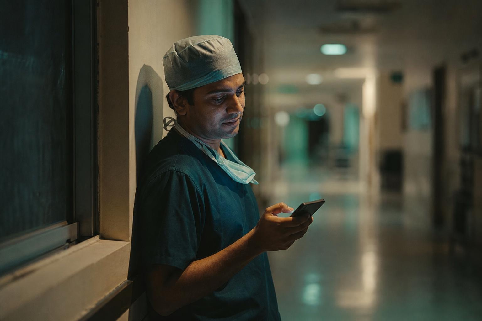 Surgeon in scrubs reading a cited answer on his phone in a quiet hospital corridor at night.