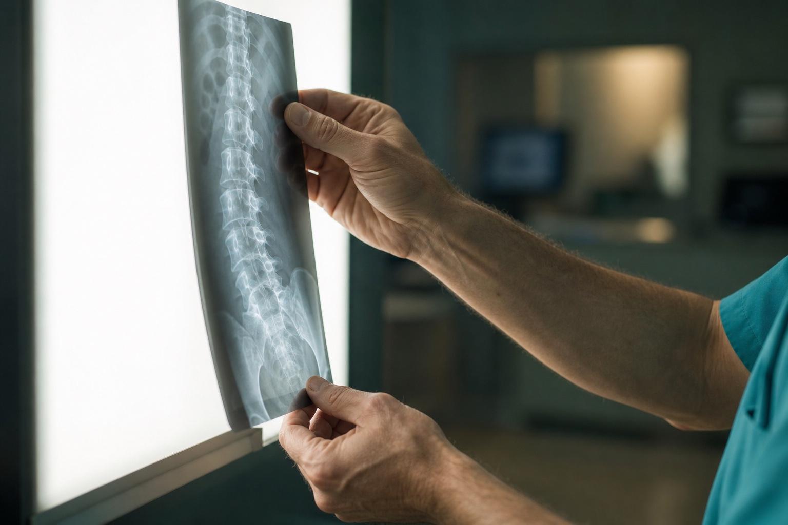 Surgeon's hands holding a spine X-ray film up to a light panel.